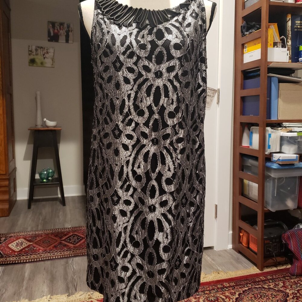 NWT Cynthia Steffe Silver and Black Net Sheath Dress. Sz 10 (but measures a 6)